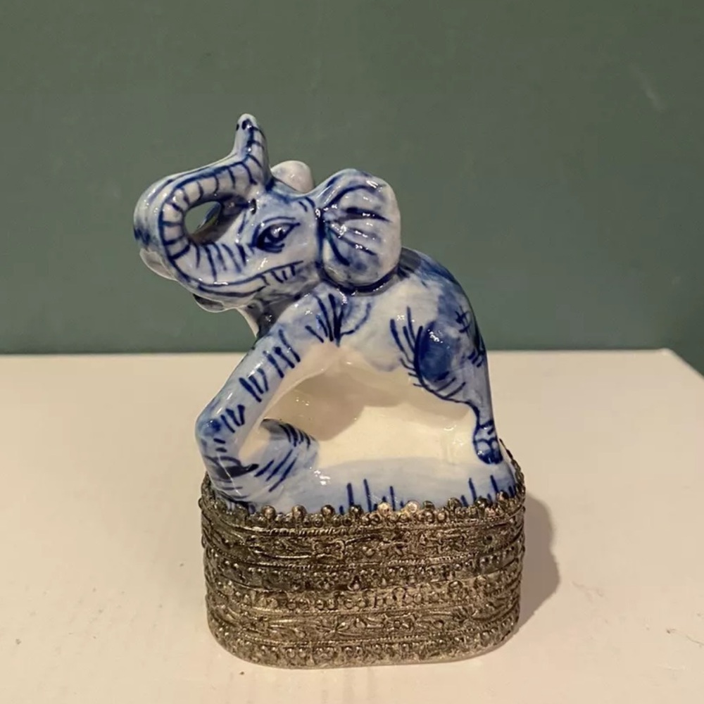 Unique Ceramic Elephant on Tin/Metal Pill Trinket Box, Trunk Up